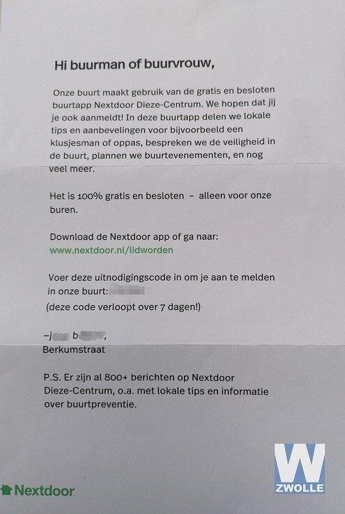 Zwollenaren krijgen dubieuze uitnodiging voor buurtapp Nextdoor - Foto: Pamela van der Zee
