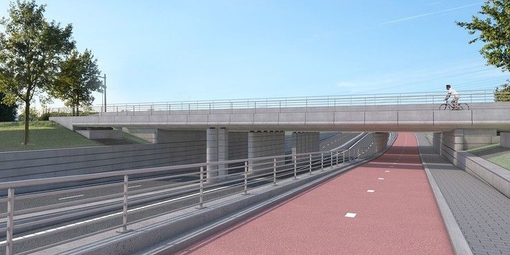 Het geplande nieuwe fietsviaduct met erachter de twee spoorviaducten - Foto: ProRail