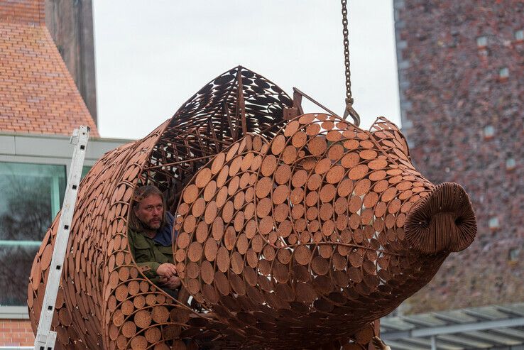 Reuzenvarken ontwaakt uit winterslaap op Rodetorenplein - Foto: Peter Denekamp